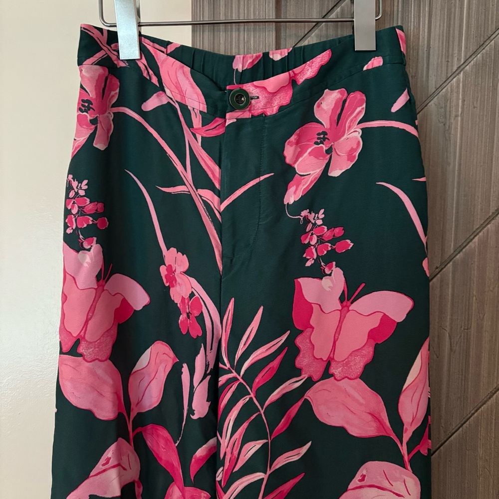 Anthropologie Tropical Floral Breezy Print Wide Leg Pants Green Pink Size 2 - Picture 8 of 13